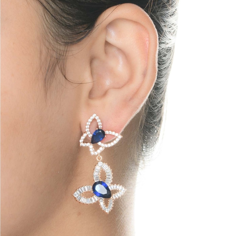 14K Gold Plated Diamante & Sapphire Blue Rhinestone Butterfly Drop Earrings